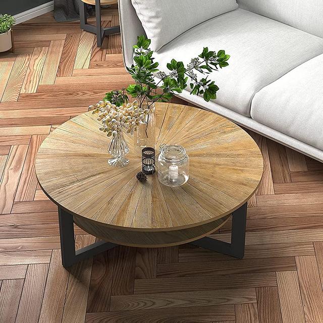 LEEMTORIG Round Coffee Table with Storage, Farmhouse Coffee Table for Living Room, Solid Wood Circle Center Table, Rustic Natural Wood Tabletop & Black Metal Frame, 35.3" D x 17.8" H, KFZ-1338