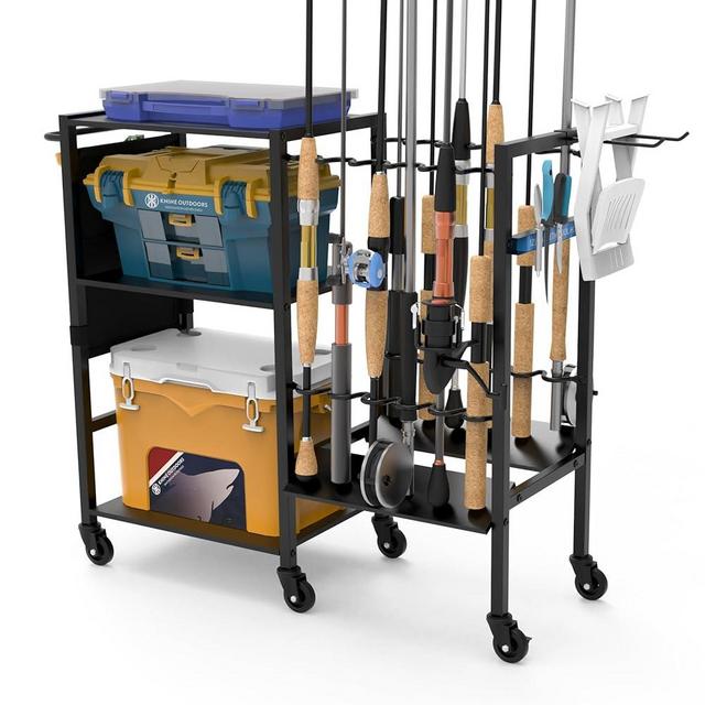 KNINE OUTDOORS Fishing Pole Holders for Garage, 12 Fishing Rod Holders Design, Fishing Rod Storage, Fishing Cart, 3 Layers of Storage Space, Fishing Gear and Equipment