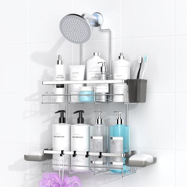 AKTECKE Shower Caddy Hanging Bathroom Organizer: Rustproof Shelf for Inside Shower - No Drilling Racks Over Showerhead - Shampoo Soap Chrome