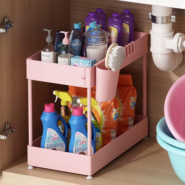 Under Sink Organizer, Under Bathroom Cabinet Storage 2 Tier Under Sink Storage Rack with 6 Hooks, Under Cabinet Organizer Baskets, Multi-purpose Under Sink Shelf Organizer for Bathroom Kitchen (Pink)