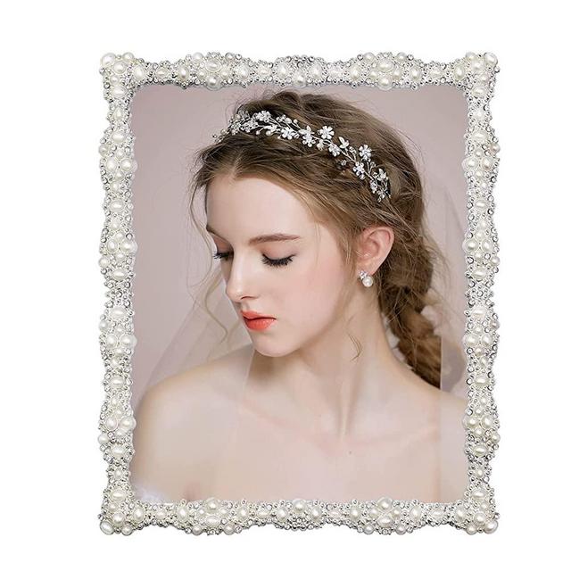 8x10 Pearl Picture Frame with Crystal for Wedding ,Silver Plated with High Definition Glass Photo Frames with Rhinestones Horizontal and Vertical Decor Tabletop Display, Valentine's Day Gift for Her (Real Glass)