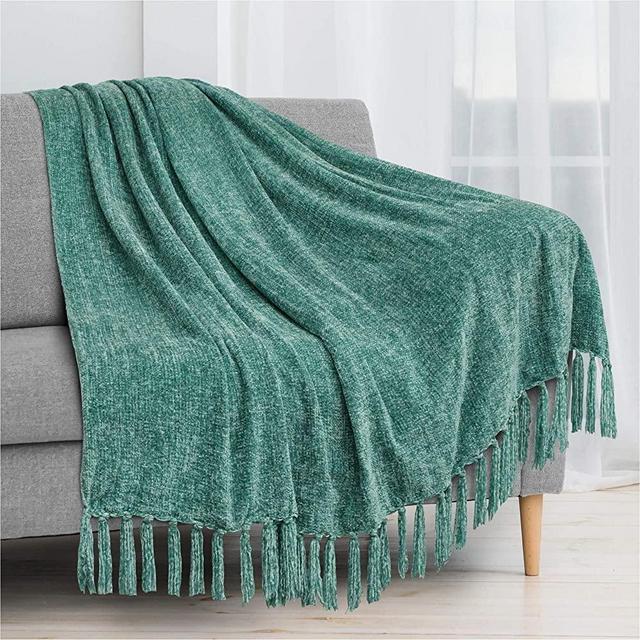 PAVILIA Chenille Tassel Fringe Throw Blanket | Velvety Texture Decorative Throw for Sofa Couch Bed | Soft Silky Cozy Lightweight Knitted Throw | Teal 50 x 60 Inches