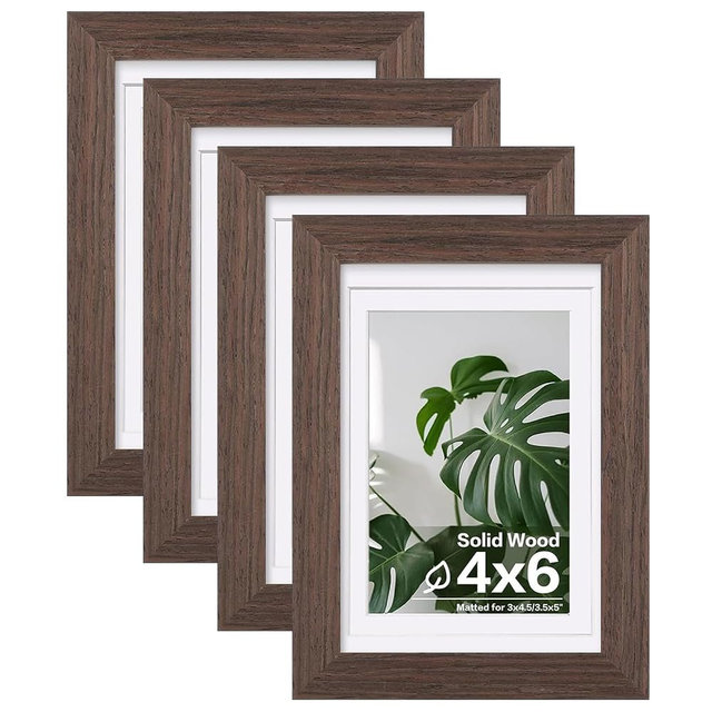 Egofine 4x6 Picture Frames Set of 4, Made of Solid Wood Covered by Plexiglass 3x4.5 and 3.5x5 with Mat or 4x6 without Mat, for Table Top Display and Wall Mounting Photo Frame Brown