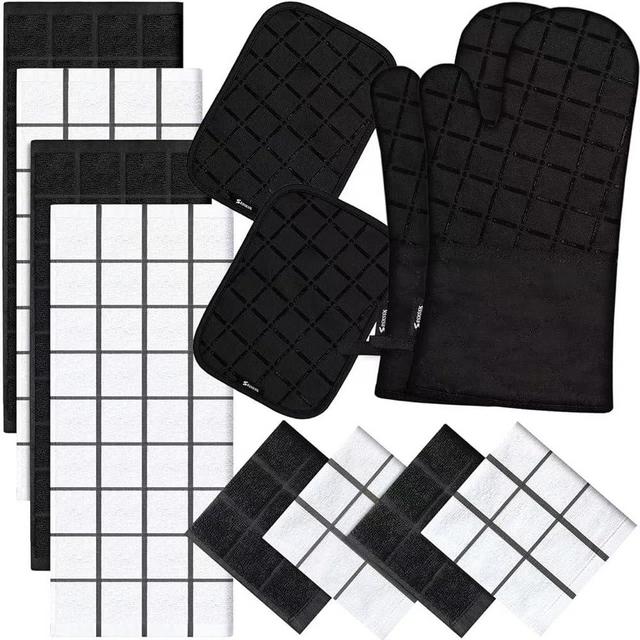 Oven Mitts Pot Holders Sets/Kitchen Towels and Dishcloths, Oven Gloves Kitchen Dish Towels 500 Degree Heat Resistant Potholders with Non-Slip Silicone Surface for Cooking, Grilling, Baking-Black