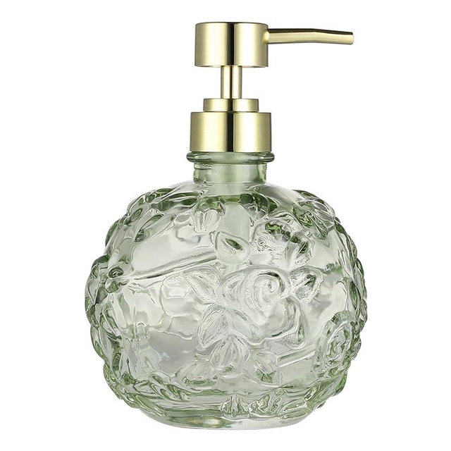 Indecor Home Sage Green Floral Embossed Glass Soap Pump Dispenser, Refillable Soap Dispenser for Bathroom, Kitchen, and Countertop, Eco Friendly, Stylish Home Accessory, Sage Green