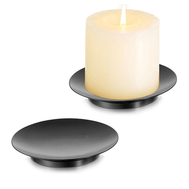 Romadedi Iron Plate Candle Holder - Black Candle Holders for Pillar Candles, Set of 2 Small Candle Tray Pillar Candle Holder Metal Candle Stand for Coffee Table Decor, Wedding, Party, Home Decor
