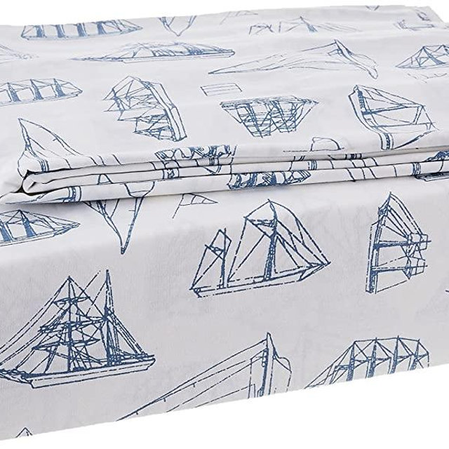 Nautica - King Sheet Set, Cotton Percale Bedding Set, Crisp & Cool, Lightweight & Breathable (Whitewood Sail Blue, King)