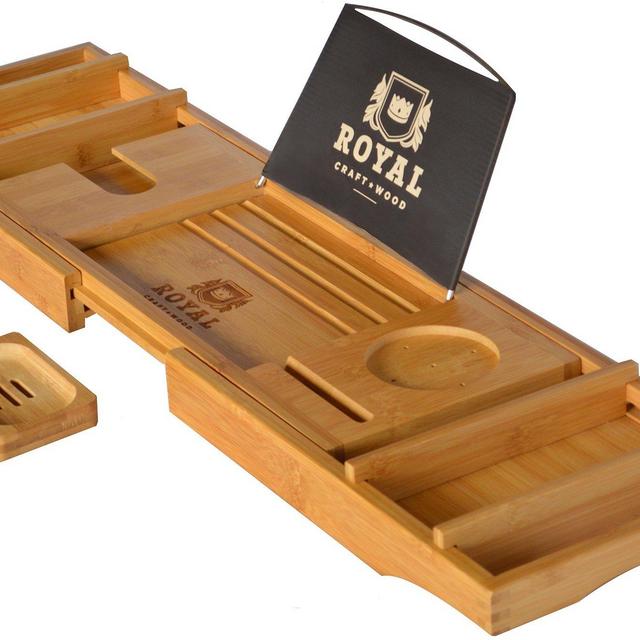 ROYAL CRAFT WOOD Luxury Bathtub Caddy Tray, Bonus FREE Soap Holder (Natural BAMBOO Color)