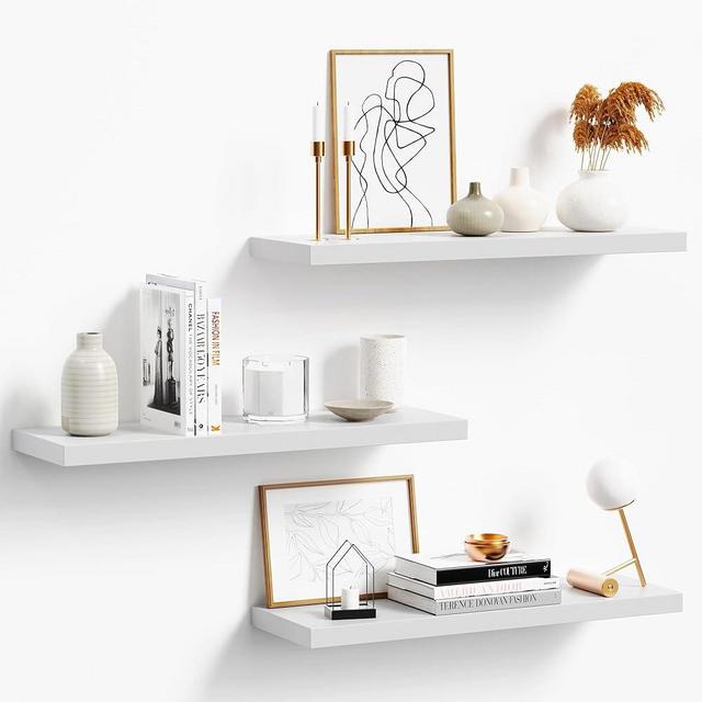 oridom Floating Shelves for Wall, White Wood Wall Shelf Set of 3, 24" Wall Mounted Floating Shelf for Kitchen, Living Room, Bedroom, Bathroom Storage, Book Shelf for Wall Home Decor, Frame Display