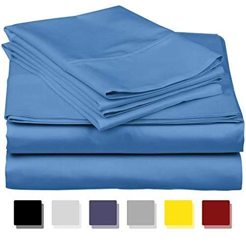 True Luxury 1000-Thread-Count 100% Egyptian Cotton Bed Sheets, 4-Pc King Deep Blue Sheet Set, Single Ply Long-Staple Yarns, Sateen Weave, Fits Mattress Upto 18'' Deep Pocket