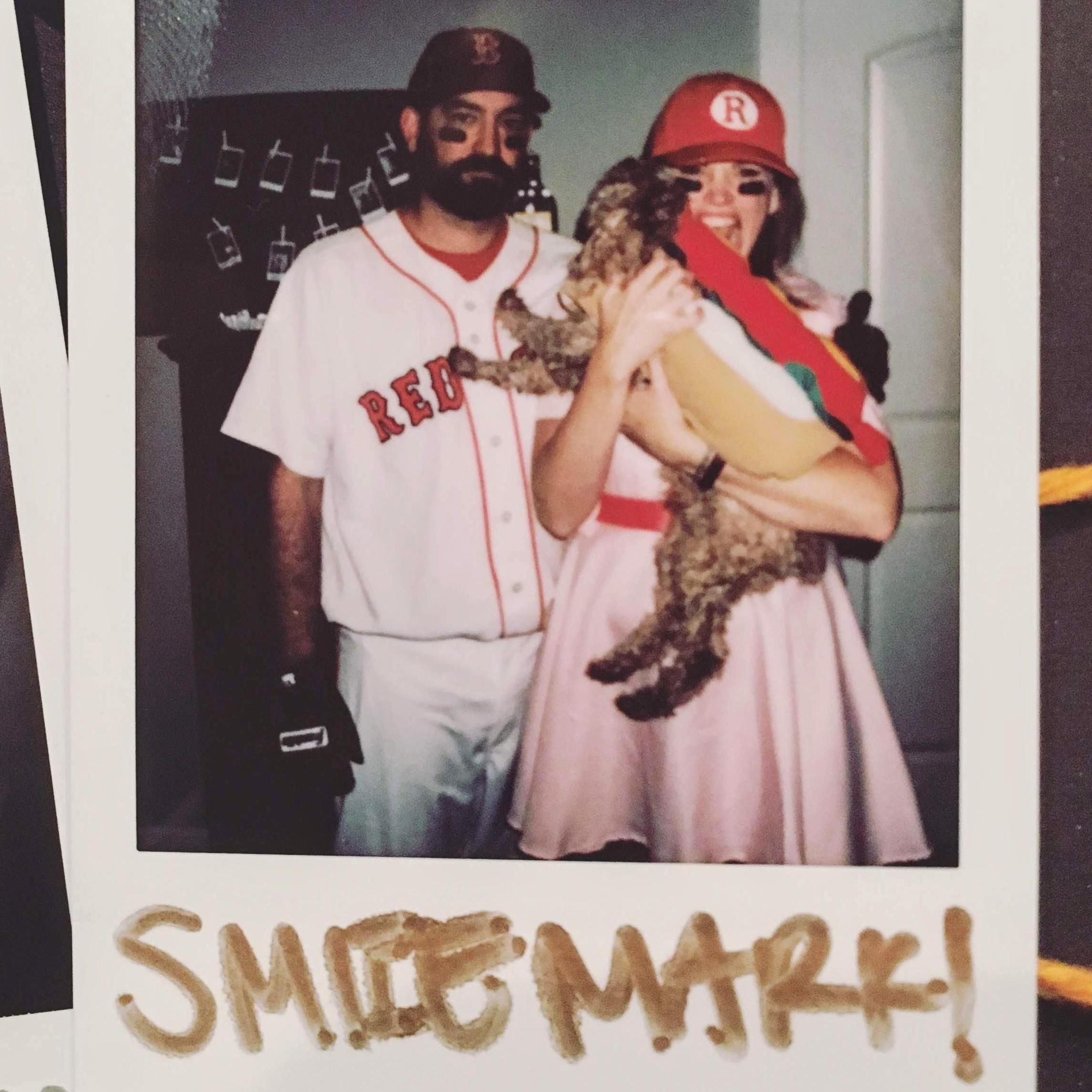 Mark adores Halloween. Our family costume: A Red Sox, a Rockford Peach, and Fenway Frank!