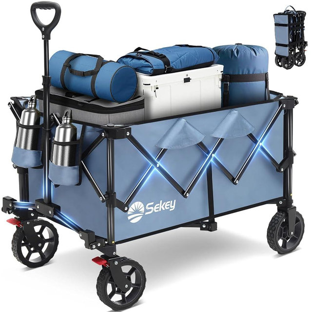 Sekey Collapsible Foldable Wagon with 330lbs Weight Capacity, Heavy Duty Folding Wagon Cart with Big All-Terrain Wheels & Drink Holders. Blue