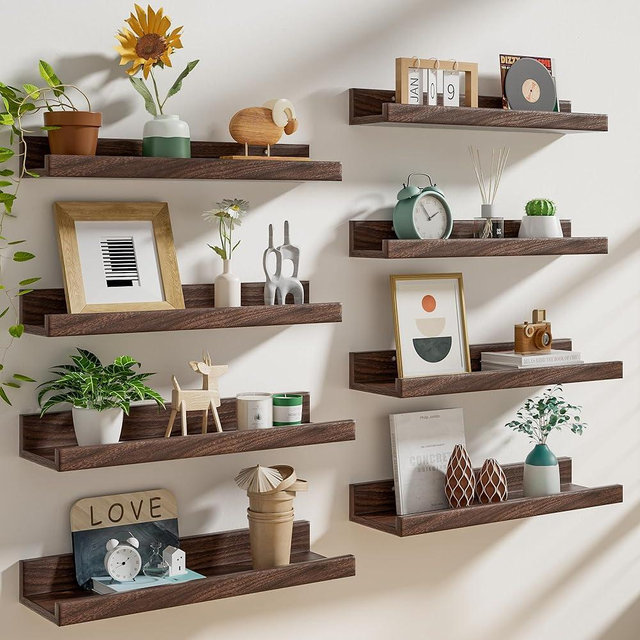 Heimlove 16 Inch Picture Ledge Shelf with Lip Set of 8,Walnut Floating Shelves for Wall,Wall Shelves in Varying Depths for Living Room Bedroom Bookshelf Photo Frames Nursery Book Shelves for Storage