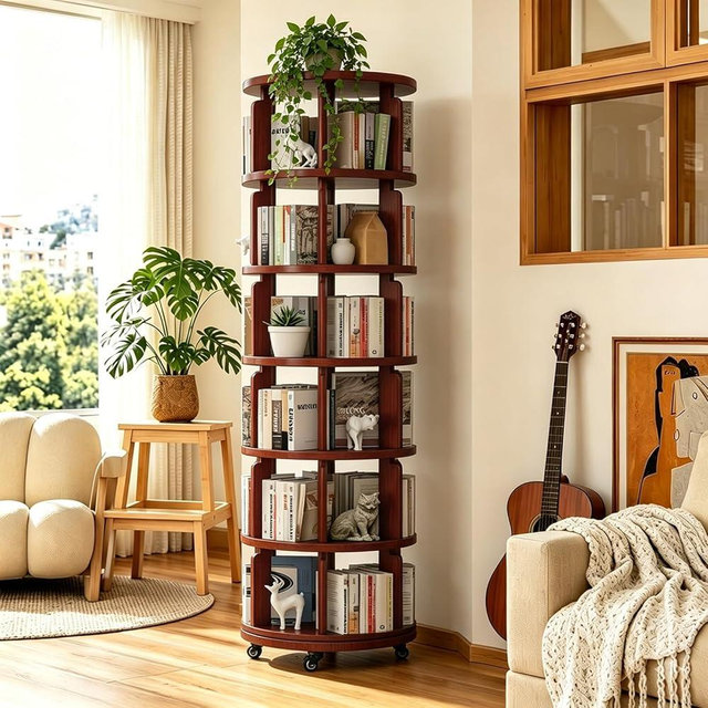 Azlafu 6 Tier 360° Rotating Solid Wood Bookshelf with Wheels, Lazy Susan Circular Spinning Revolving Corner Bookcase, Freestanding Storage Shelf for Bedroom Small Space, Walnut