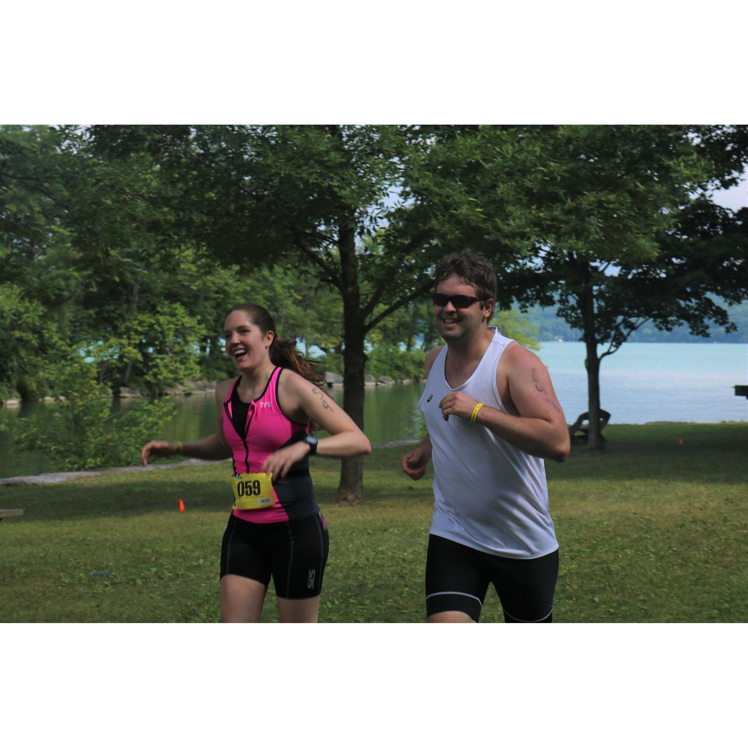 Doing the Cayuga Lake Triathlon together. Ithaca, NY. August 2019.