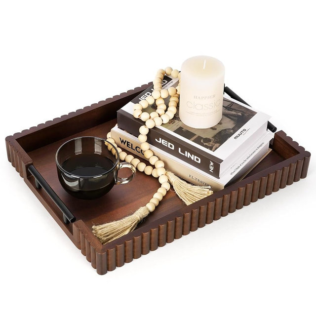 Cathyeen Acacia Wood Decorative Serving Tray with Handles, 16.7" x 12.8" Large Wooden Ottoman Tray for Living Room, Coffee Table Tray Decor for Food, Dinner, Tea or Breakfast in Bed (Walnut)