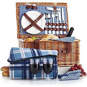 VonShef Deluxe 2 Person Traditional Wicker Picnic Basket Hamper with Cutlery, Plates, Glasses, Tableware & Fleece Blanket