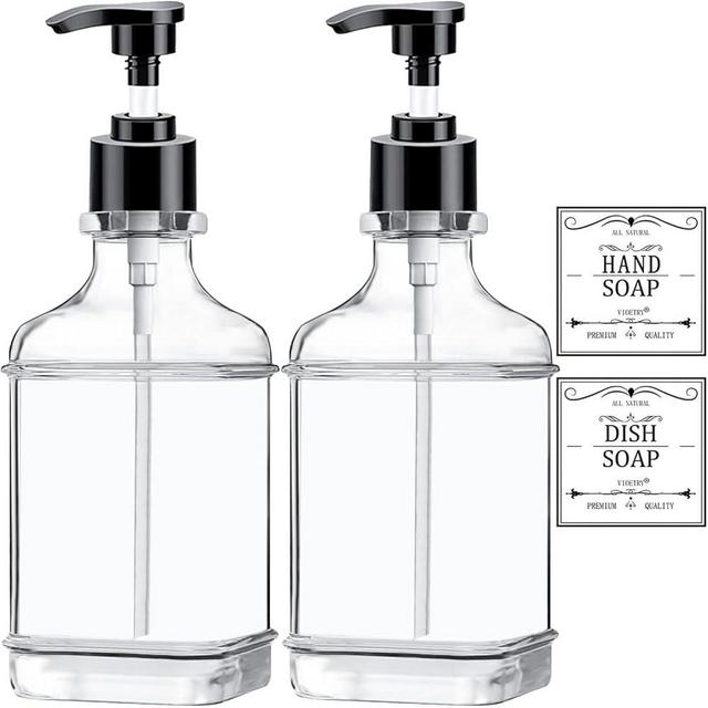 Clear Soap Dispenser with Pump, Waterproof Labels (2 Pack,18 Oz), Modern Farmhouse Style Plastic Hand Soap Dispenser, Dish Soap Dispenser for Kitchen and Bathroom, Thick Soap Dispenser Bathroom Bottle