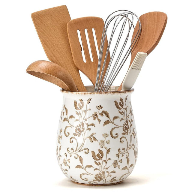 Utensil Holder for Kitchen Counter, Modern Farmhouse Cooking Utensil Holder and Crock Home Kitchen Decor, Ceramic Utensil Organizer for Spatula, Ladle, Eggbeater, Rolling Pin- Brown Flower Patterns