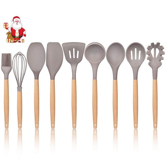 K Kwokker Silicone Utensil Set Kitchen Wood Cooking Dinnerware Kit w/Heat-resistant Nonstick Slotted & Flexible Turner Spatula Spoon Soup Ladle Serving Spoons Whisk Basting Brush for Kids Family