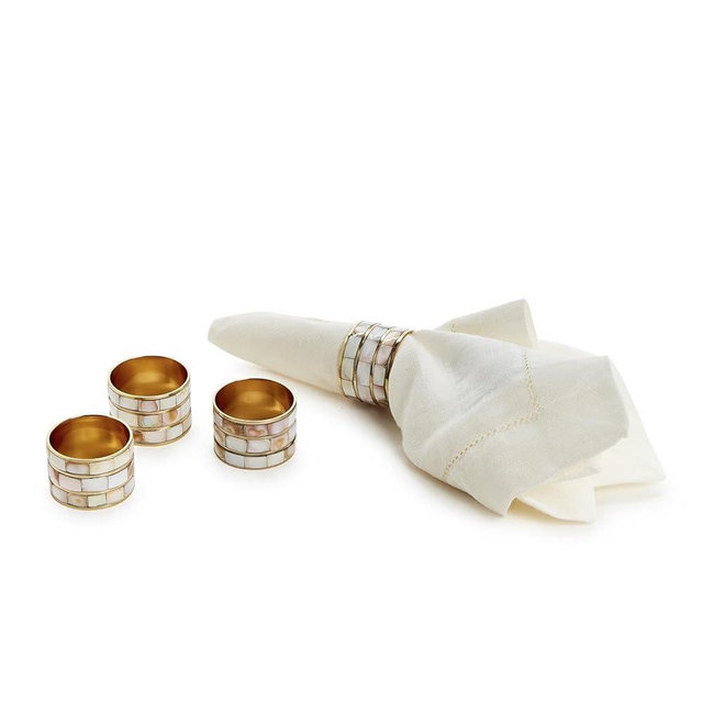 Two's Company Mother of Pearl Napkin Ring Holder in Gift Box, Set of 4, 1.5-inches Diameter, Brass, 54767
