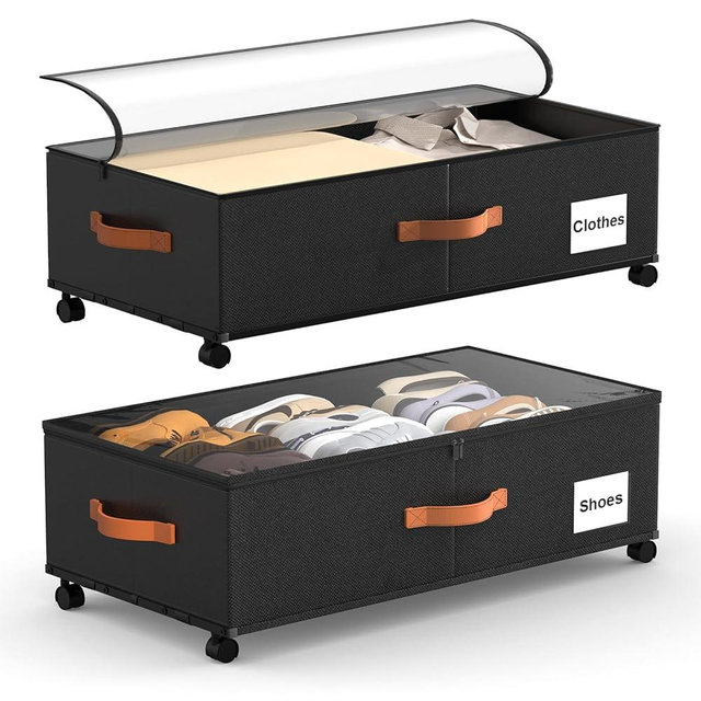 Under Bed Storage Containers with Wheels, 9.5 inches Higher Underbed Shoes Blankets Clothes Toy Storage Drawers for College Dorms Bedrooms Nursery Rooms Organization, 2 Pack to be Assembled
