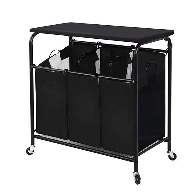 STORAGE MANIAC 3-Section Laundry Sorter, Heavy-Duty Rolling Laundry Cart with Ironing Board and Removable Bags, Triple Laundry Hamper with Wheels, Black