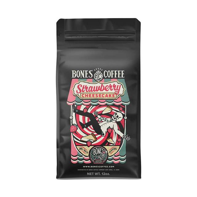 Bones Coffee Company Flavored Coffee Beans, Strawberry Cheesecake Ground Coffee, Low Acid Medium Roast Gourmet Coffee Beans in Strawberry Cheesecake Flavor (Ground)