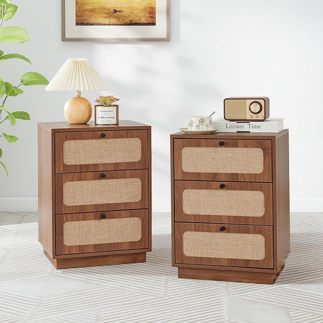 SUJOUCRAFT 16 Inch Nightstand Set of 2, Mid-Century Wood Night Stand with 3 Storage Drawer, Farmhouse Small Linen Decor End Table for Sofa Couch, Side Tbale for Bedside Bedroom, Living Room (Walnut)