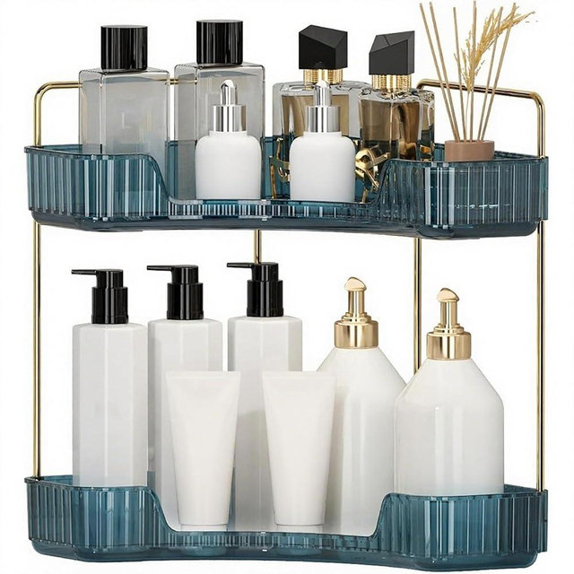 INVSSENE Corner Bathroom Countertop Organizer, Vanity Trays for Counter, Makeup Organizers, Perfume Tray, Kitchen Spice Rack, (Blue, 2 Tiers)