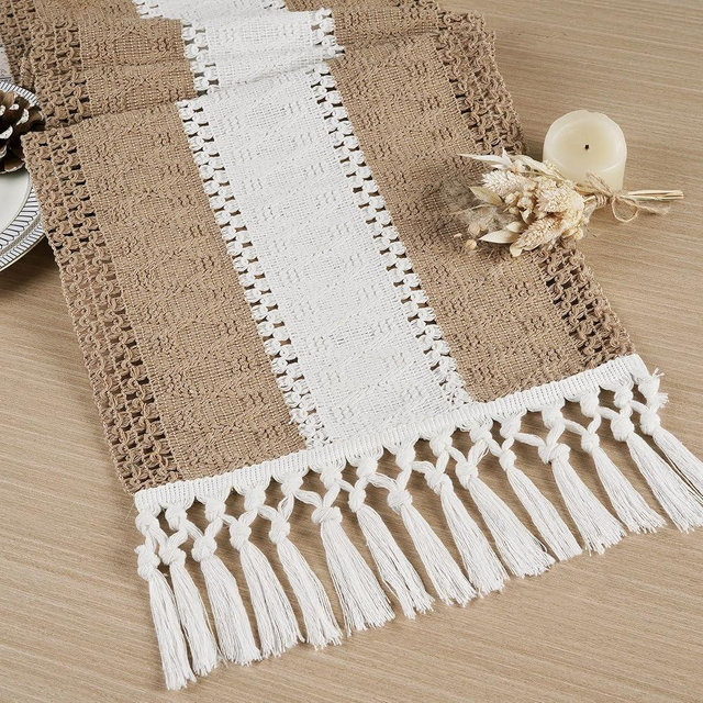 FEXIA Boho Table Runner for Home Decor with Tassels 72 Inches Long Farmhouse Rustic Brown Macrame Burlap Table Decoration for Living Room Bridal Shower (12x72 Inches)