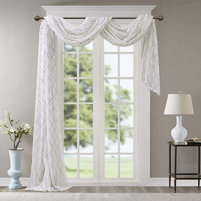 Madison Park Irina Sheer Embroidered Single Curtain Scarf For Kitchen, Transitional Fabric Extra Long Sheers Curtain For Living Room, 1-Panel Pack, 50x216", White/Grey