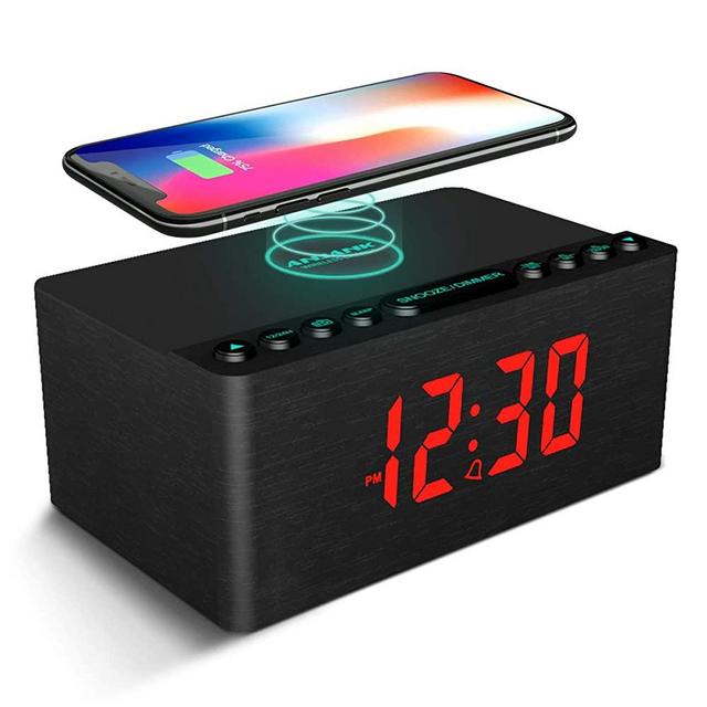 ANJANK Wooden Digital Alarm Clock FM Radio,Fast Wireless Charger Station for iPhone/Samsung,Dimmable LED Display,USB Charging Port,Sleep Timer,Wood Modern Clock for Bedroom Bedside(Black)