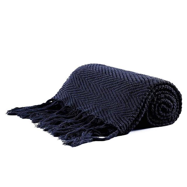 Longhui bedding Fringe Knit Cotton Throw Blanket, 50 x 63 Inch Decorative Knitted Cover with 6 Inches Tassels, Bonus Laundry Bag – 3.12lb Weight, Couch Blankets, Navy Blue