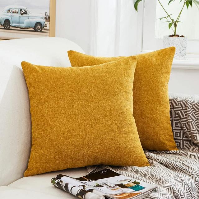 MERNETTE Pack of 2, Thick Chenille Decorative Square Throw Pillow Cover Cushion Covers Pillowcase, Home Decor Decorations for Sofa Couch Bed Chair 22x22 Inch/55x55 cm (Gold)