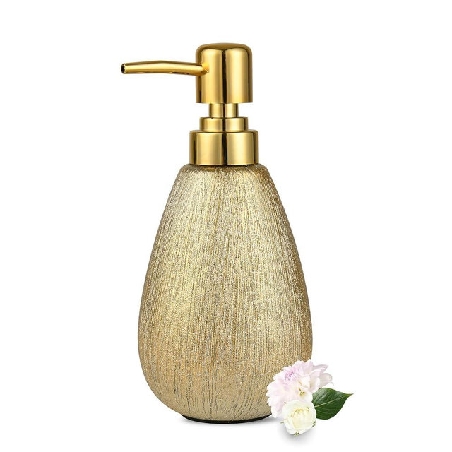 Brushed Gold Ceramic Soap Dispenser, 11 oz Refillable Hand Soap and Sanitizer Pump, 3D Textured Design for Kitchen or Bathroom Décor, Brushed Gold