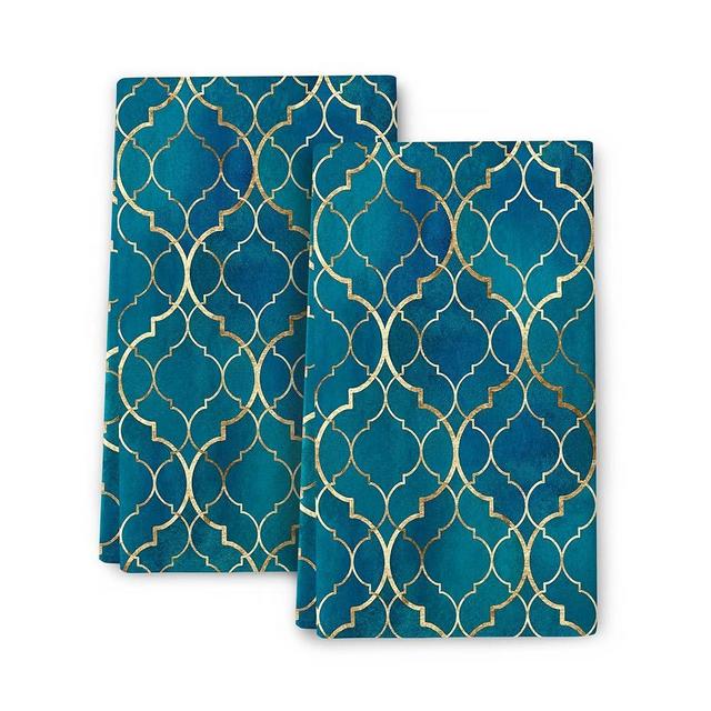 Gold and Teal Moroccan Kitchen Towels with Hanging Loop, 16x24 Inch Ramadan Dish Towels Bathroom Hand Towels Set of 2 Soft Absorbent Tea Towels