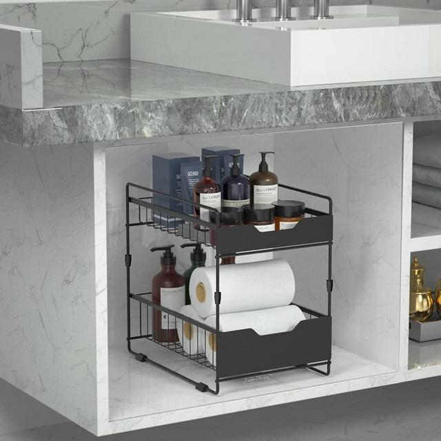 Under Sink Organizers And Storage With Sliding Storage Drawer,Stackable 2-Tier Under Sink Cabinet Organizer Sliding for Kitchen Bathroom Countertop Storage Basket (black)