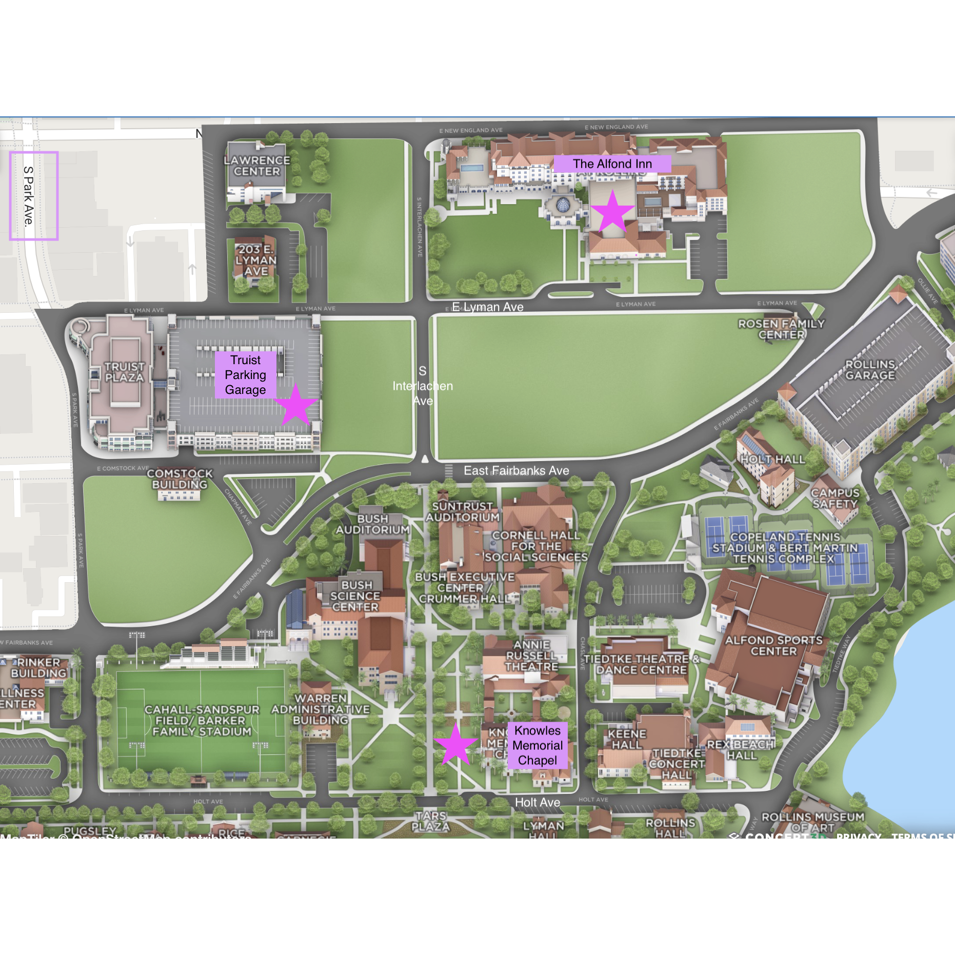 Map of Knowles Memorial Chapel and the Alfond Inn