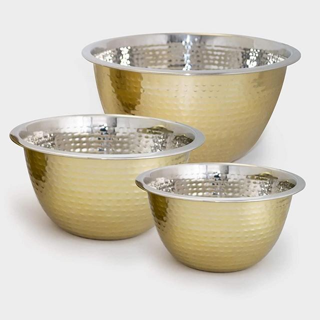 ExcelSteel Versatile Kitchenware Perfect for Baking, Salad, Beating Eggs, Dough Hammered Mixing Bowl, 3 Qt, Stainless Steel W/Gold Tone
