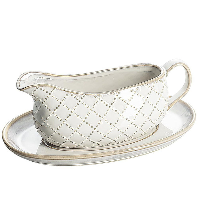 Getstar Gravy Boat with Saucer, Cranberry Sauce Dish Thanksgiving, Ceramic Gravy Dish Bowl, Microwave & Dishwasher Safe (Embossed Checks)