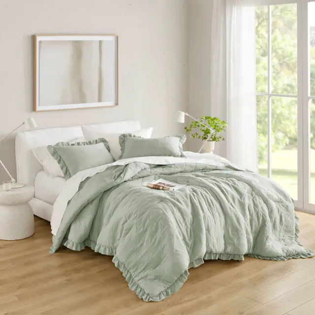 3Pcs Comforter set Diamond-Pattern Quilted Top Comforter for All Seasons Pre-Washed Bedding Set, Lightweight Solid Bed Comforter Sets, Sage, King/Cal