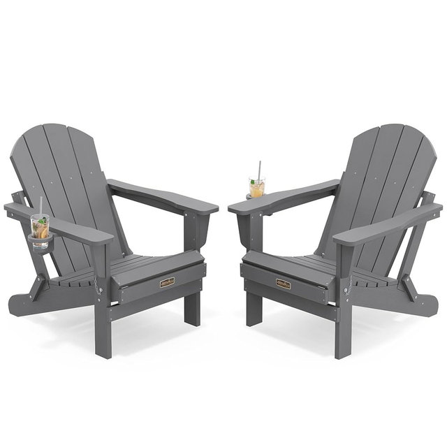 SERWALL Folding Adirondack Chair with Cup Holder Set of 2, All Weather Adirondack Chairs, Fire Pit Chairs for Patio Garden Outdoors Fire Pit - Gray