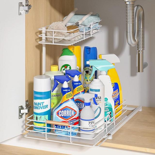 LAMU Under Sink Organizers and Storage, Pull Out Bathroom Kitchen Cabinet Organizers and Storage, 2-Tier White Under Sink Shelf Organizer Under Counter Storage Organizer
