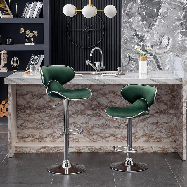Roundhill Furniture Masaccio Velvet Upholstered Adjustable Swivel Barstool, Set of 2, Green