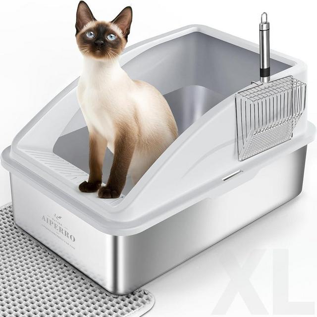 AIPERRO Enclosed Cat Litter Box Stainless Steel with Lid | XL Extra Large Litter Box for Big Cats | Metal Litter Box High Sided | Anti-Urine Leakage, Include Cat Mat and All-Metal Litter Scoop