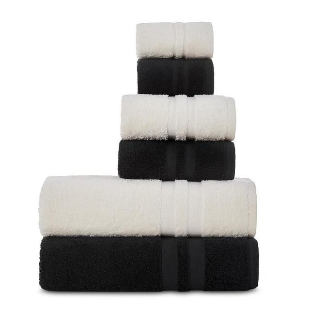 COTTON FINE 6 Piece Towel Mix Set, Turkish Cotton with Extra Softness, 2 Bath Towels, 2 Hand Towels, 2 Washcloths, 630 GSM, Bright White & Black Mix Set Towels