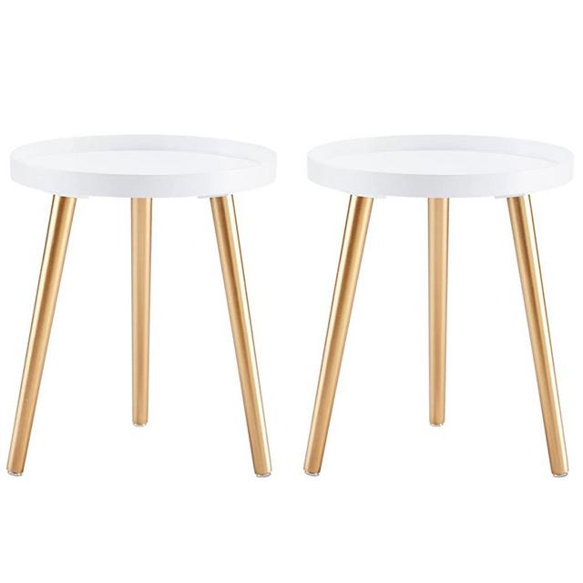 APICIZON Round Side Table Set of 2, White Gold Tray Nightstand Sofa Coffee Table End Table for Living Room, Bedroom, Small Spaces, Easy Assembly Bedside Table, 15 x 15 x 18 Inches