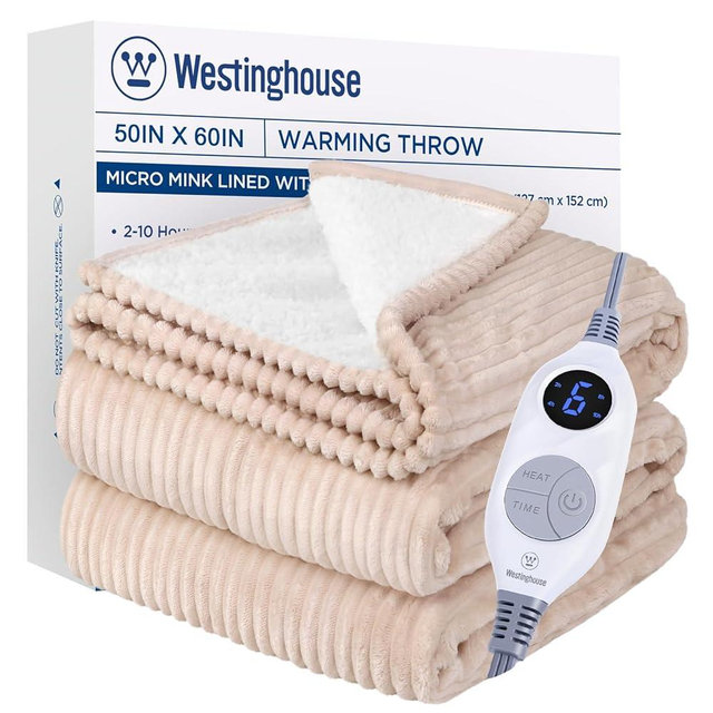 Westinghouse Heated Throw Blanket, Cozy Soft Flannel to Sherpa Electric Throw with 6 Heating Levels & 2-10 Hours Auto Shut Off, Fast Heating & ETL Certification, Machine Washable, 50x60 Inch, Beige