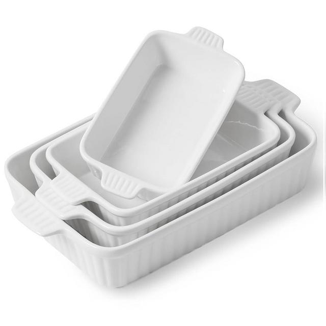 Feenmai Casserole Dishes for Oven, Ceramic Baking Dishes, Porcelain Bakeware Set of 4, Rectangular Baking Pan, White Deep Lasagna Pan with Handle for Cooking, Roasting, Cake, 15.3"/12.8"/11.6"/9.8"